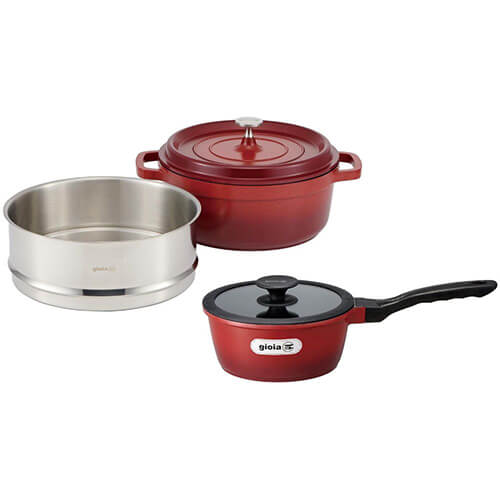 ＜gioia＞キャセロール24cm＆ソースパン18cm＆蒸し器セット レッド XC-24RE-KSS